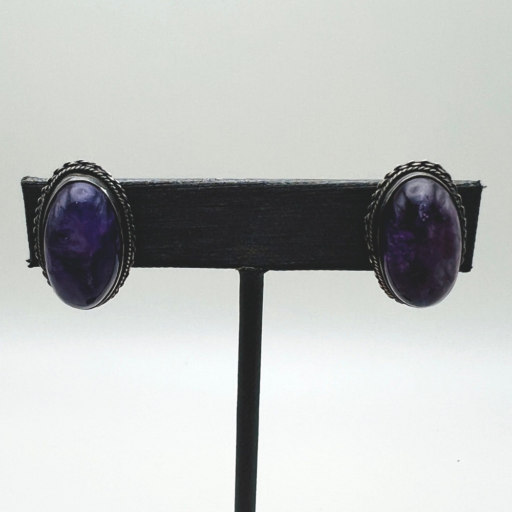 Vintage Mexico Screw On Earrings Silver Tone Filigree Purple Cabochon Stone